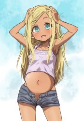  10s 1girl armpits bare_arms blonde_hair blue_eyes blush breasts collarbone cowboy_shot crop_top dark-skinned_female dark_skin denim denim_shorts female_focus gazacy_(dai) hands_on_own_head highres idolmaster idolmaster_cinderella_girls layla_(idolmaster) loli long_hair looking_at_viewer navel no_panties open_clothes open_mouth pregnant pussy pussy_peek shirt short_shorts shorts small_breasts solo standing  rating:Explicit score:224 user:chicken