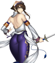  1girl ass back backless_outfit bare_back bare_shoulders brown_eyes brown_hair chai_xianghua from_behind huge_ass kansuke looking_back pants skin_tight solo soul_calibur soulcalibur_ii sword tight_clothes tight_pants weapon  rating:Sensitive score:59 user:danbooru