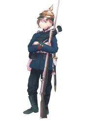  1girl absurdres ammunition_pouch antique_firearm bag bayonet bedroll belt black_footwear black_pants blue_eyes blue_jacket boots brown_hair buttons closed_mouth collar_tabs crossed_arms dreyse_m1841 firearm full_body german_commentary gun helmet highres holding holding_gun holding_weapon jacket karasumi_(sumizono) load_bearing_equipment long_sleeves looking_at_viewer military military_jacket military_uniform original pants pickelhaube pouch prussia red_trim sheath sheathed short_hair short_sword shoulder_boards simple_background soldier solo standing sword uniform weapon white_background white_belt 