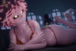 1boy absurdres aequd animal_print ashido_mina ass ass_focus bad_tag bare_legs barefoot black_eyes boku_no_hero_academia bra breasts butt_crack buttocks colored_skin costume curly_hair feet female fingernails frizzy_hair grin high_school_student highres horns huge_ass legs legs_up leopard_print leopard_print_bra leopard_print_thong lying mask mineta_minoru naughty naughty_face pink_hair pink_skin seductive_smile sexy_ass sexy_feet shounen_jump smile soles spying student teen teeth thong toes underwear