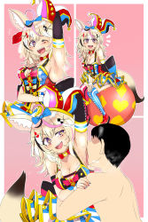  1boy 1girl arm_up armpits black_hair blonde_hair blush breasts cleavage elbow_gloves faceless faceless_male gloves heart heart-shaped_pupils highres hololive ivancyxic licking licking_armpit long_hair nude omaru_polka one_eye_closed open_mouth purple_eyes short_hair smile striped_clothes striped_thighhighs sweat symbol-shaped_pupils thighhighs virtual_youtuber  rating:Questionable score:102 user:FabricioDias