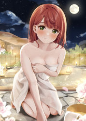  1girl a_chamaru5 absurdres bamboo_fence barefoot blunt_bangs breasts cherry_blossoms cleavage closed_mouth cloud commentary_request fence full_moon hair_ornament hairclip highres looking_at_viewer love_live! love_live!_nijigasaki_high_school_idol_club medium_hair moon naked_towel night night_sky onsen outdoors red_hair sky smile solo steam swept_bangs towel uehara_ayumu water yellow_eyes 