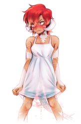 1girl angry au_ra breasts dress embarrassed final_fantasy final_fantasy_xiv frown fur glaring hoesmadder horns original pee peeing peeing_self pink_eyes red_hair scar small_breasts sweatdrop tail tan tomboy white_dress rating:Questionable score:85 user:Bkgi39