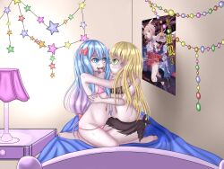  2girls absurdres after_kiss arms_around_neck bad_id bad_pixiv_id bed bedroom bikini blue_eyes blue_hair bow breasts collarbone crossover drooling ecstasy_(icyblue) eromanga_sensei feet female_focus french_kiss glasses gradient_hair green_eyes hair_between_eyes hair_bow highres hug huge_filesize indoors izumi_sagiri kiss lamp legs_together light_blue_hair light_blush loli long_hair looking_at_another lowleg lowleg_bikini made_in_abyss micro_bikini multicolored_hair multiple_girls navel nightstand on_bed open_mouth parted_bangs pink_bikini pink_hair poster_(object) profile red_bow revision riko_(made_in_abyss) saliva saliva_trail seiza semi-rimless_eyewear shiny_skin side-tie_bikini_bottom sitting small_breasts smile star_(symbol) stomach straight_hair strapless sweat swimsuit teeth thighs tongue tongue_out tube_top upper_teeth_only very_long_hair yuri 