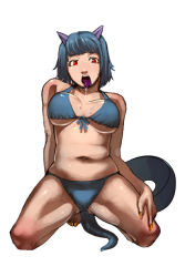  1girl animal_ears barefoot bikini blue_hair breasts character_request cleavage copyright_request dragon_quest kneeling looking_at_viewer md5_mismatch monster_request red_eyes resolution_mismatch sakamoto_kengo saliva simple_background solo source_larger swimsuit tail tongue white_background 