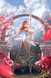  1girl arch arm_up ass backlighting ballerina ballet_slippers bare_shoulders blue_eyes blue_sky blurry breasts cherry_blossoms cloud covered_erect_nipples day depth_of_field doll_joints dress flower from_side full_body gears head_wreath joints landscape leg_ribbon legs_apart lipstick makeup medium_breasts motion_blur mountain neck nipples niuxiang88888 no_bra no_panties nose outdoors petals plantar_flexion red_lips reflection ribbon river see-through shoes short_dress sky smile solo standing strapless sunlight thighs tiptoes white_dress white_footwear wind 