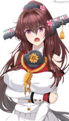  1girl breasts brown_hair chamumi_(mochiumee) dress high_ponytail highres kantai_collection large_breasts long_sleeves looking_at_viewer off_shoulder open_mouth puffy_long_sleeves puffy_sleeves red_eyes simple_background solo twitter_username white_background white_dress yamato_(kancolle) 