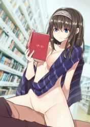  1girl areola_slip bad_id bad_pixiv_id black_hair blue_eyes blurry book bookshelf bottomless breasts clothed_male_nude_female completely_nude cowgirl_position depth_of_field emotionless_sex expressionless girl_on_top goyain hairband hetero highres holding holding_book idolmaster idolmaster_cinderella_girls large_breasts long_hair multitasking nude reading sagisawa_fumika sex shawl solo_focus straddling vaginal  rating:Explicit score:37 user:danbooru