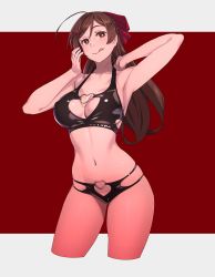 1girl ahoge alternate_costume arm_behind_head arm_up armpits bare_arms bare_shoulders bikini blush breasts brown_eyes brown_hair commentary_request cowboy_shot cropped_legs hair_ornament hair_ribbon hairclip heart_o-ring highres kantai_collection large_breasts long_hair looking_at_viewer mamiya_(kancolle) navel ribbon shiny_clothes simple_background smile solo swimsuit thighs tongue tongue_out yuuji_(and) rating:Sensitive score:28 user:danbooru