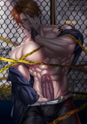  1boy abs armpit_hair armpits belt caution_tape chain-link_fence covering_privates covering_crotch earrings fence finger_to_mouth fingerless_gloves gloves hanagata_kaede highres huge_penis jewelry keep_out kemono_jihen male_focus money multicolored_hair muscular nanyu nipples open_clothes open_mouth penis red_eyes solo solo_focus tattoo two-tone_hair veins veiny_penis yellow_eyes  rating:Explicit score:8 user:Zoahc