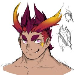  1boy antenna_hair bara bright_pupils cropped_torso cthugha_(housamo) doodle_inset fang fang_out highres huge_eyebrows humanization jacketbear male_focus multiple_views pectorals pink_eyes prehensile_hair red_hair sanpaku sideburns slit_pupils smile third-party_source tokyo_houkago_summoners undercut unfinished 