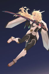  1girl aqua_eyes arm_guards armor blonde_hair bodysuit boots breastplate duel_monster floating floating_hair full_body heichi highres holding holding_sword holding_weapon long_hair looking_to_the_side mechanical_wings official_alternate_costume sky_striker_ace_-_raye sky_striker_mecha_-_eagle_booster solo sword weapon wings yu-gi-oh!  rating:Sensitive score:10 user:danbooru