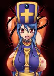  1girl alice-do angry arms_behind_back arms_up bad_id bad_pixiv_id bdsm blue_hair bondage bound breasts chain chunsoft collar covered_erect_nipples cross dragon_quest dragon_quest_iii enix hat huge_breasts large_breasts latex long_hair mitre nipple_slip nipples no_bra onizuka_takuto open_mouth priest_(dq3) red_eyes solo tabard torn_clothes  rating:Explicit score:19 user:danbooru