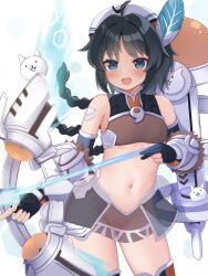  1girl :d absurdres ahoge arrow_(projectile) black_eyes black_hair blush bow_(weapon) braid commentary contrapposto cowboy_shot crop_top flat_chest gloves hair_intakes hat hat_feather highres holding holding_arrow holding_bow_(weapon) holding_weapon huntress_terun long_hair looking_at_viewer magatama navel nekopurin_(nyanko_prin) no_panties nyanko_daisensou open_mouth partially_fingerless_gloves pussy see-through see-through_shirt see-through_skirt simple_background skirt smile solo stomach thighhighs weapon white_background 