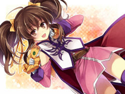 00s 1girl :d ahoge anise_tatlin blush brown_eyes brown_hair checkered_background gloves hagiwara_rin holding long_hair open_mouth sheath smile solo star_(symbol) tales_of_(series) tales_of_the_abyss tokunaga_(tales) twintails white_gloves rating:Sensitive score:15 user:danbooru