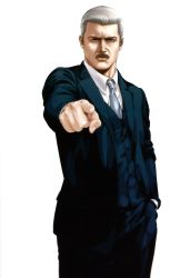  10s 1boy absurdres blazer business_suit chairman_(prison_school) facial_hair foreshortening formal hand_in_pocket highres hiramoto_akira jacket looking_at_viewer male_focus mustache necktie official_art pointing pointing_at_viewer prison_school short_hair simple_background solo suit white_background white_hair  rating:Sensitive score:11 user:danbooru