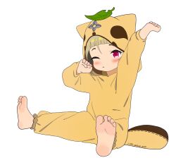  1girl absurdres animal_costume animal_hood blush child feet female_focus genshin_impact highres hood hood_up leaf little_galaxy object_on_head one_eye_closed onesie pijama red_eyes sayu_(genshin_impact) self-upload simple_background sitting sleepy soles solo stretching tail toes waking_up white_background  rating:General score:44 user:little_galaxy