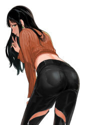  1girl ass black_eyes black_hair breasts denim earrings green_nails jeans jewelry large_breasts leaning_forward long_hair medium_breasts midriff original pants sasamori_tomoe simple_background solo sweater v white_background 