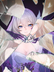  1girl alternate_costume blue_eyes blue_pupils bouquet bow breasts bridal_veil bug butterfly chinese_commentary cleavage commentary_request different_reflection disembodied_hand dress earrings firefly_(honkai:_star_rail) flower glowing_butterfly gradient_hair green_hair hair_between_eyes hair_bow hair_ornament holding holding_bouquet honkai:_star_rail honkai_(series) insect jewelry large_breasts long_hair looking_at_viewer m78_zaitaoaotezhanshi mole mole_on_breast multicolored_hair purple_eyes reaching_towards_another reflection see-through see-through_veil smile solo straight-on tiara upper_body veil wedding wedding_dress white_bow white_butterfly white_dress white_hair white_tiara white_veil 