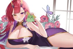  1girl absurdres bare_arms bare_shoulders breasts bug butterfly china_dress chinese_clothes cleavage cleavage_cutout clothing_cutout colored_inner_hair creature dress earrings floral_print flower gold_trim hand_up heterochromia highres holding horns insect jewelry kurenai_natsuki_(vtuber) large_breasts long_hair looking_at_viewer lying mole mole_under_eye multicolored_hair nannung no_panties on_stomach open_mouth pelvic_curtain pink_flower pointy_ears print_dress purple_dress purple_eyes purple_hair red_hair sleeveless sleeveless_dress smile solo stardays two-tone_hair virtual_youtuber yellow_eyes 