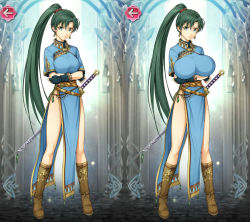  1girl breast_expansion breasts fire_emblem fire_emblem:_the_blazing_blade fire_emblem_heroes green_hair highres huge_breasts large_breasts lyn_(fire_emblem) nintendo solo sword tagme third-party_edit weapon  rating:Questionable score:28 user:RIP_SHAKO