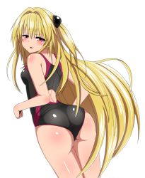 1girl ass bad_id bad_pixiv_id black_one-piece_swimsuit blonde_hair breasts cowboy_shot from_behind hair_intakes hair_ornament konjiki_no_yami long_hair looking_at_viewer looking_back marupuni one-piece_swimsuit red_eyes shiny_skin small_breasts solo swimsuit tears to_love-ru very_long_hair white_background rating:Sensitive score:41 user:danbooru