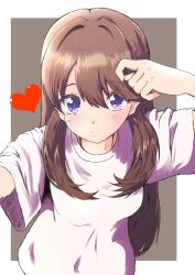  1girl absurdres arm_up border breasts brown_background brown_hair closed_mouth commentary fujishima_megumi hair_down heart highres light_blush link!_like!_love_live! long_hair looking_at_viewer love_live! medium_breasts outside_border purple_eyes rakinegimagi reversed selfie shirt short_sleeves simple_background smile solo t-shirt upper_body virtual_youtuber white_border white_shirt 