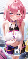 1girl absurdres alternate_breast_size asta_(honkai:_star_rail) bare_arms bare_shoulders belt black_skirt blue_eyes blush bow bowtie braid breasts cellphone choker cleavage collarbone collared_shirt crop_top fantongjun hair_ornament highres honkai:_star_rail honkai_(series) large_breasts looking_to_the_side medium_hair midriff miniskirt navel one_side_up open_mouth phone pink_hair pleated_skirt purple_choker shirt side_braid skindentation skirt sleeveless sleeveless_shirt solo stomach suitcase thighs white_shirt rating:Sensitive score:28 user:danbooru