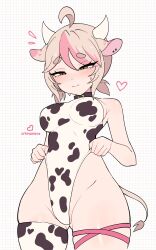  1girl absurdres ahoge animal_ears animal_print bare_arms bare_hips bare_shoulders belt_collar blush breasts brown_eyes closed_mouth collar cow_ears cow_girl cow_horns cow_print cow_tail cowboy_shot cremanata cremavatar from_below gluteal_fold grid_background hair_between_eyes half-closed_eyes heart heart_print highleg highleg_leotard highres horns leg_ribbon leotard leotard_pull medium_breasts medium_hair original pink_hair pink_ribbon ribbon short_eyebrows short_twintails sideboob single_thighhigh skindentation solo sweat tail thick_eyebrows thigh_ribbon thighhighs twintails 