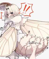  ! !! 1girl ^^^ abdomen_tail antennae arthropod_girl black_bow black_eyes blush bow compound_eyes covered_mouth hair_bow highres insect_girl insect_wings kaiko-chan_(planhaplalan) medium_bangs monster_girl moth_antennae moth_girl moth_wings neck_fur original plan_(planhaplalan) shirt short_hair simple_background speech_bubble spoken_exclamation_mark surprised white_background white_shirt wings 