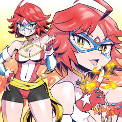  1girl ahoge bare_shoulders breasts bright_pupils cleavage_cutout clenched_hand clothing_cutout commission domino_mask elbow_gloves fingerless_gloves fire gloves kamen_america_(comic) kamen_comet looking_at_viewer mask medium_breasts multiple_views open_mouth orange_nails pyrokinesis red_hair sash signature skeb_commission skin_tight smile spandex sunafuki_tabito superhero teeth yellow_eyes yellow_sash 
