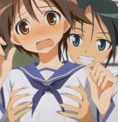 animated animated_gif blush grabbing_another&#039;s_breast breasts francesca_lucchini groping lowres miyafuji_yoshika smile strike_witches rating:Questionable score:13 user:thebatman