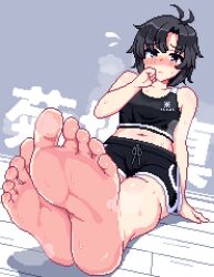  1girl antenna_hair arm_support bare_arms bare_legs bare_shoulders barefoot black_hair black_shorts black_sports_bra blush character_name collarbone dolphin_shorts feet flying_sweatdrops foot_focus hothot148 idolmaster idolmaster_million_live! kikuchi_makoto looking_at_viewer navel nose_blush outstretched_legs pixel_art shorts sitting soles solo sports_bra steaming_body sweat toes  rating:Sensitive score:31 user:danbooru