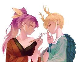  2girls blonde_hair blue_bow blue_shirt bow breasts cigarette cleavage collarbone commentary_request dragon_girl dragon_horns earrings grin highres holding holding_smoking_pipe horns japanese_clothes jewelry kicchou_yachie kimono kiseru komakusa_sannyo long_hair medium_breasts multiple_girls off_shoulder ponytail purple_hair red_eyes red_kimono red_robe ribbon ringo_orihara robe shirt short_hair simple_background small_breasts smile smoking smoking_pipe touhou turtle_shell white_background yellow_horns yellow_ribbon 