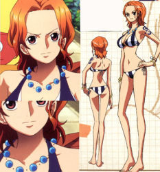  1girl ass barefoot bikini bracelet breasts brown_eyes character_sheet collage curvy feet female_focus hand_on_own_hip hip_focus inoue_eisaku jewelry lowres multiple_views nami_(one_piece) necklace official_art one_piece one_piece:_strong_world orange_hair pirate standing striped swimsuit upper_body  rating:Sensitive score:87 user:Kentabarou