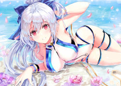 1girl absurdres age_fx bare_shoulders beach blue_bow blue_one-piece_swimsuit blush bow breasts fate/grand_order fate_(series) flower hair_between_eyes hair_bow highleg highleg_swimsuit highres large_breasts long_hair looking_at_viewer lying on_side one-piece_swimsuit petals ponytail red_eyes shore silver_hair smile solo swimsuit thigh_strap thighs tomoe_gozen_(fate) tomoe_gozen_(swimsuit_saber)_(fate) two-tone_swimsuit water wet white_one-piece_swimsuit rating:Sensitive score:37 user:danbooru