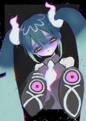  1girl :&lt; bad_id bad_twitter_id bare_shoulders black_background black_border black_sleeves blue_hair blush border collared_shirt creatures_(company) cropped_torso detached_sleeves game_freak ghost_miku_(project_voltage) ghost_pose glitch grey_shirt half-closed_eyes hatsune_miku head_tilt highres long_hair looking_at_viewer necktie nintendo outside_border pink_necktie pokemon project_voltage shiona_(siona0625) shirt sleeveless sleeveless_shirt solo twintails upper_body vocaloid yellow_eyes 