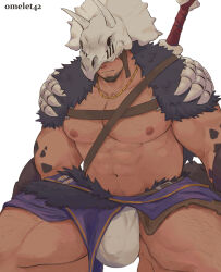  1boy abs absurdres bara bare_pectorals beard_stubble bulge cowboy_shot druid_circle_of_wildfire dungeons_&amp;_dragons facial_hair goatee hairy highres kael_(omelet42) large_bulge large_pectorals male_focus mask mature_male muscular muscular_male nipples omelet42 original pectorals skeletal_armor skull_mask solo sparse_chest_hair sparse_leg_hair strongman_waist stubble thick_thighs thighs tribal 