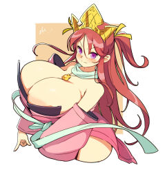  1girl absurdres annoyed areola_slip ashiya_(senran_kagura) blush breasts cleavage closed_mouth gigantic_breasts hair_ornament highres japanese_clothes jewelry kimono long_hair looking_at_viewer naze necklace pink_kimono pointing pointing_down purple_eyes red_hair scarf senran_kagura side_ponytail sideless_kimono simple_background solo wavy_hair 