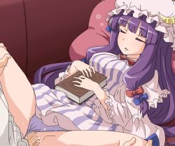 1boy 1girl blue_bow blunt_bangs book bow censored closed_eyes clothed_sex clothing_aside crescent dress hair_bow hat hetero jaggy_lines long_sleeves mob_cap mosaic_censoring oekaki panties panties_aside patchouli_knowledge penis pillow pillow_princess purple_hair purple_panties rape red_bow sex sleep_molestation sleeping solo_focus spread_legs striped_clothes striped_dress tomu_(tomubobu) touhou underwear vaginal vertical-striped_clothes vertical-striped_dress rating:Explicit score:98 user:danbooru