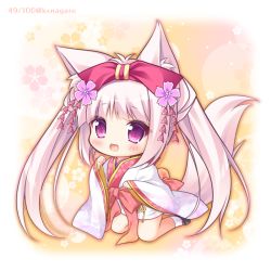 1girl :d animal_ear_fluff animal_ears black_footwear blush bow chibi commentary_request flower fox_ears fox_girl fox_tail full_body hair_bow hanairo_heptagram hands_up japanese_clothes kimono kneeling long_hair long_sleeves looking_at_viewer miyuri open_mouth paw_pose pink_hair purple_eyes purple_flower red_bow ryuuka_sane sandals short_kimono sidelocks sleeves_past_wrists smile socks solo tail twintails twitter_username very_long_hair white_kimono white_socks wide_sleeves zouri