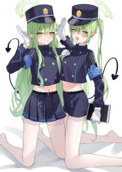 2girls absurdres armband belt black_belt blue_archive blue_armband blue_jacket blue_shorts blue_skirt blush closed_mouth cropped_jacket demon_tail ear_blush earrings fang frown gloves green_hair halo hat highres hikari_(blue_archive) holding holding_tablet_pc jacket jewelry kneeling legs long_hair looking_at_viewer multiple_girls narrowed_eyes navel nozomi_(blue_archive) open_mouth pantyhose pointy_ears shako_cap short_shorts shorts siblings single_earring sisters skin_fang skirt smile stomach tablet_pc tail thick_eyebrows thigh_gap thighs twins twintails v-shaped_eyebrows variant_set very_long_hair whistle white_gloves white_pantyhose xiao_lin_jiu yellow_eyes 