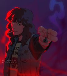  1boy black_eyes black_hair cigarette commentary denim_vest eddie_munson finger_gun head_tilt in_mouth jewelry looking_at_viewer male_focus ring shirt solo stranger_things symbol-only_commentary upper_body watermark white_shirt wrecked_fuse 