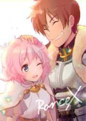 1boy 1girl :d ^_^ armor blue_eyes breastplate brown_hair chromatic_aberration closed_eyes coat copyright_name closed_eyes fur-trimmed_coat fur_trim grin hair_between_eyes hand_on_another&#039;s_head happy headpat miton_(ton321) open_mouth pink_hair rance rance_(series) rance_10 shirt short_hair sidelocks sill_plain simple_background smile upper_body white_background rating:General score:9 user:danbooru