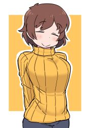  1girl absurdres arms_behind_back blue_pants brown_eyes brown_hair casual closed_eyes closed_mouth commentary facing_viewer freckles girls_und_panzer highres orange_background orange_sweater outline pants ribbed_sweater short_hair smile solo standing sweater tsuchiya_(girls_und_panzer) white_outline yb_norio 