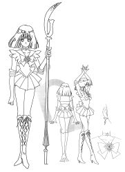 1990s_(style) 1girl absurdres arms_up bishoujo_senshi_sailor_moon bishoujo_senshi_sailor_moon_s bow brooch character_sheet choker closed_eyes closed_mouth elbow_gloves full_body gloves highres holding holding_weapon jewelry looking_at_viewer magical_girl miniskirt monochrome polearm retro_artstyle sailor_collar sailor_saturn sailor_senshi_uniform short_hair skirt smile solo standing star_(symbol) star_choker toei_animation tomoe_hotaru weapon white_background white_gloves wide_hips