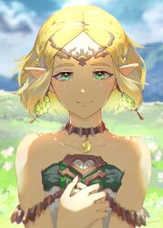  1girl aketohgo bare_shoulders bead_necklace beads blonde_hair blurry blurry_background braid circlet closed_mouth commentary_request crown_braid dangle_earrings dress earrings green_eyes highres jewelry looking_at_viewer necklace nintendo official_alternate_costume outdoors own_hands_together parted_bangs pointy_ears princess_zelda smile solo strapless strapless_dress teardrop_facial_mark the_legend_of_zelda the_legend_of_zelda:_tears_of_the_kingdom 