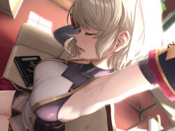  1girl aoi_tiduru arm_up armpit_focus armpits azur_lane bike_shorts blush book breasts closed_eyes commentary_request couch detached_sleeves dutch_angle ear_focus from_side highres indoors large_breasts on_couch open_mouth partial_commentary profile revision short_hair sidelighting sitting sleepy sleeveless solo turtleneck white_hair z23_(azur_lane) 