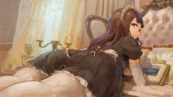  4girls :t ass bed book brown_hair commentary_request elbow_gloves from_behind gloves kazo_(kazozakazo) long_hair looking_back lying mini_person minigirl multiple_girls on_back original purple_eyes size_difference thighhighs white_gloves white_legwear white_white 
