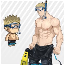  1boy abs absurdres bara beard_stubble bodysuit chibi cowboy_shot diving_mask diving_suit ero_condo facial_hair frown goggles goggles_on_head groin highres kienbiu large_pectorals looking_at_viewer male_focus muscular muscular_male navel nipples official_alternate_costume paid_reward_available pectorals penis penis_peek punt_(kienbiu) shaved_body short_hair simple_background solo standing stomach stubble topless_male wet wetsuit 